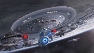 An Ambassador-class starship leaving starbase.