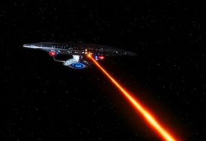 A Galaxy-class starship firing a phaser beam.